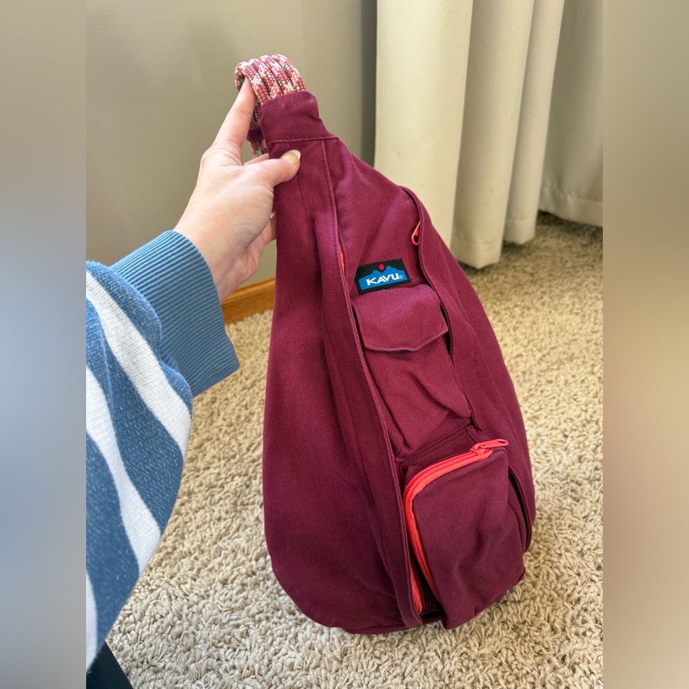 Kavu Burgundy Rope Sling Bag with Coral Zipper